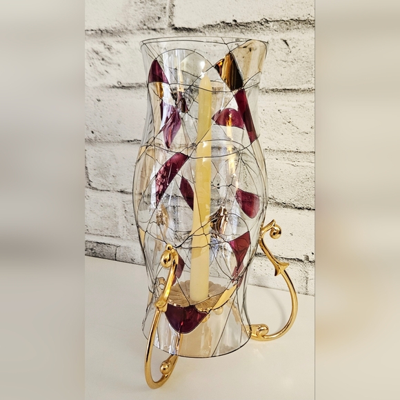 PartyLite Gold Hurricane Candle Holder & Art Glass Shade Abstract Swirl - Picture 9 of 13